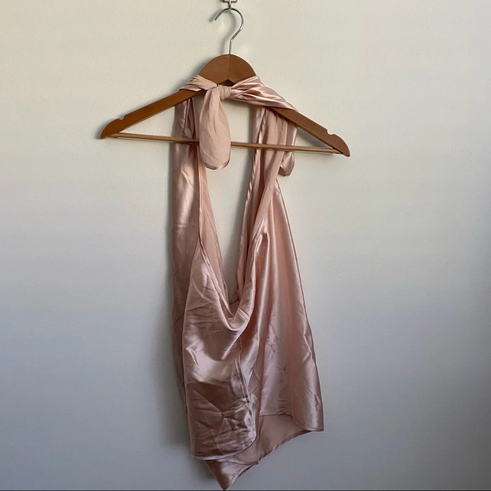 Ramy Brook || Harriet Convertible Silk Charmeuse Top Blush L Halter One Shoulder - Picture 3 of 9